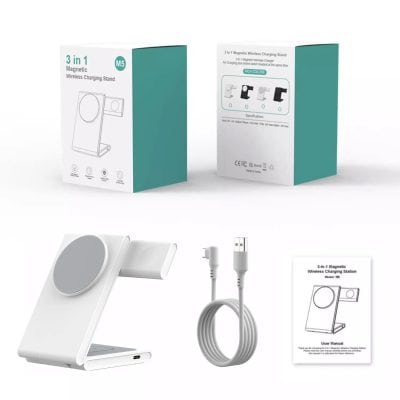 3 in 1 magnetic wireless charging station for smartphones, watches, and earbuds with fast charging capability. Compatible with various devices, sleek design, and easy to use.