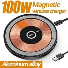 High-quality 100W magnetic wireless charger with aluminum alloy design, fast charging for smartphones, compatible with various devices, portable and efficient.