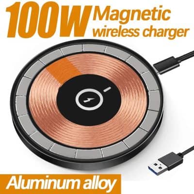 High-quality 100W magnetic wireless charger with aluminum alloy design, fast charging for smartphones, compatible with various devices, portable and efficient.