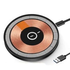 Wireless charging pad with copper coil, compatible with smartphones, fast charging, portable wireless charger for everyday use.