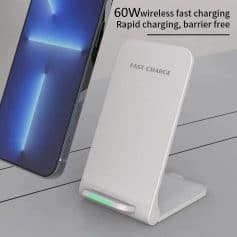 Wireless fast charging dock, compatible with all Qi-enabled devices, 60W rapid charging, sleek design, barrier-free power transfer, perfect for home or office use.