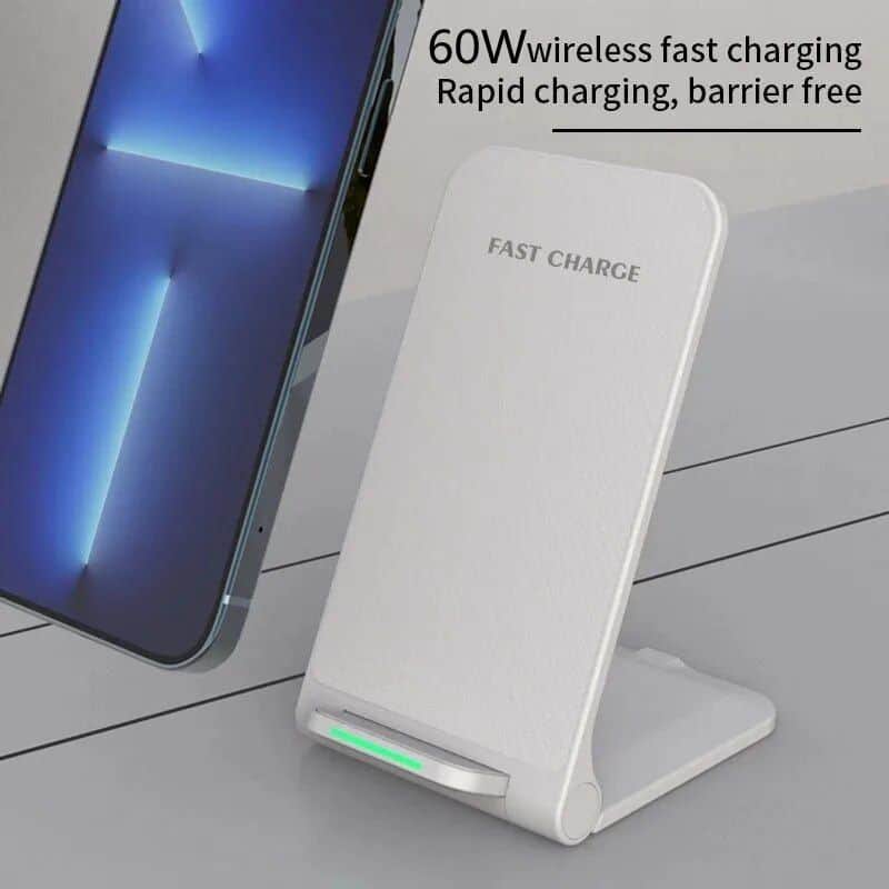 Wireless fast charging dock, compatible with all Qi-enabled devices, 60W rapid charging, sleek design, barrier-free power transfer, perfect for home or office use.