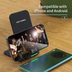 Fast wireless charging compatible with iPhone and Android devices, ideal for convenient power on the go. Perfect for tech lovers seeking efficient charging solutions.