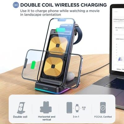 Wireless charging stand for smartphones with dual coil technology for easy horizontal and vertical viewing, fast charging, universal compatibility with iPhone and Android, FCC/UL certified, perfect for home and office use.
