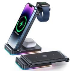 A sleek wireless charging station for smartphones, smartwatches, and earbuds, designed for fast and efficient charging of multiple devices in one place.