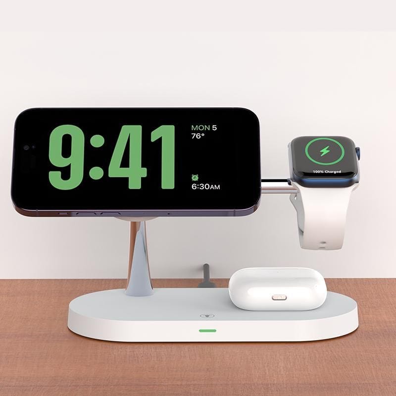 Wireless charging stand for phone, smartwatch, and earbuds with sleek design and fast charging capabilities.