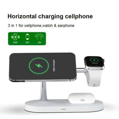 A modern wireless charging station for smartphones, watches, and earbuds with fast charging capabilities and sleek design for easy access and organization.
