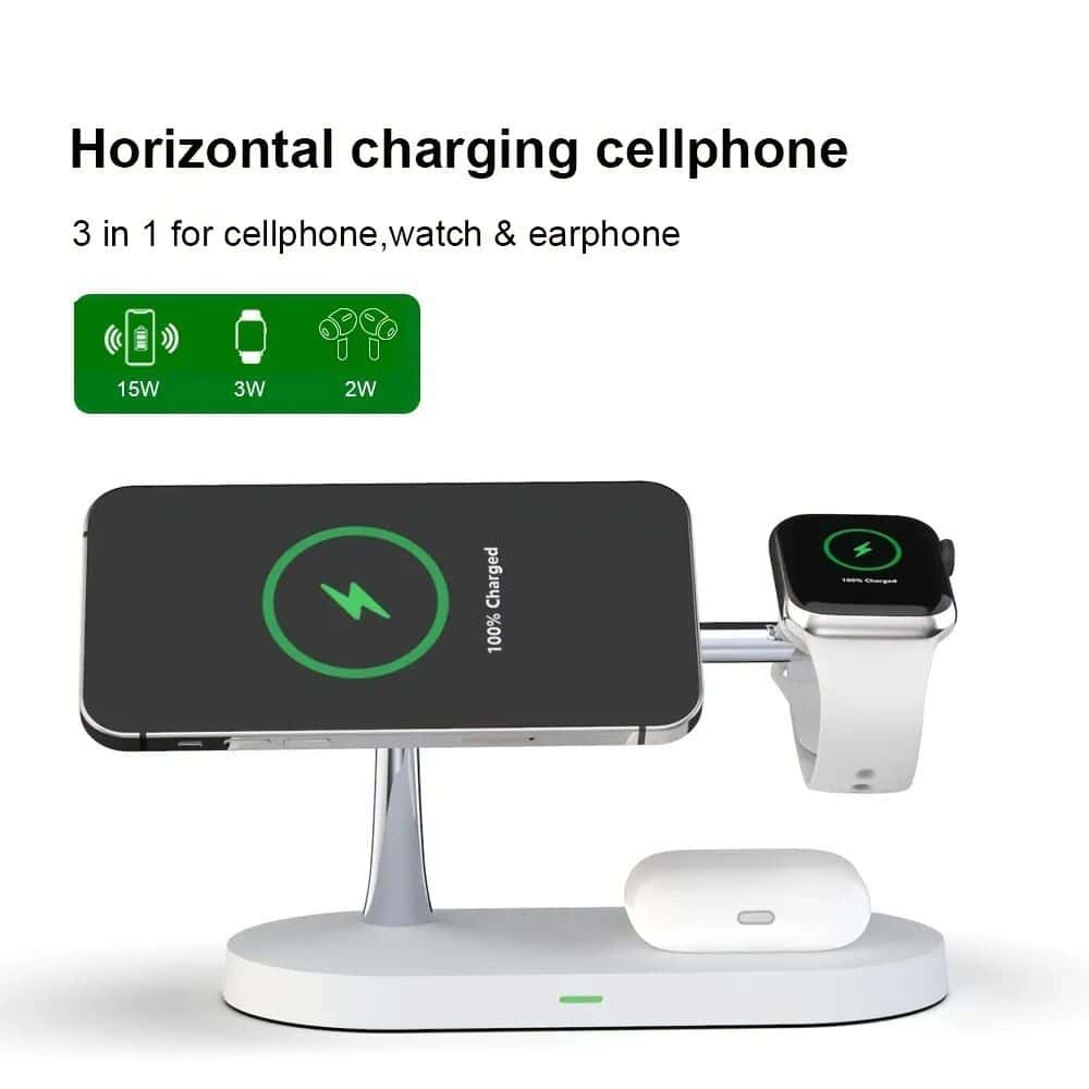 A modern wireless charging station for smartphones, watches, and earbuds with fast charging capabilities and sleek design for easy access and organization.