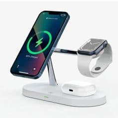 Wireless charging station for smartphones and smartwatches, compatible with various devices, ensuring efficient charging and convenient device organization in medical or personal environments.
