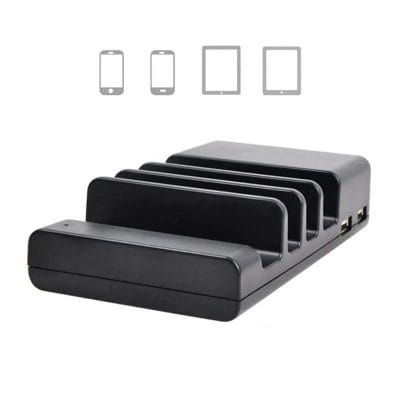 Wireless phone charging stand compatible with various devices, including smartphones and tablets. Its sleek black design offers convenient charging for multiple devices simultaneously.