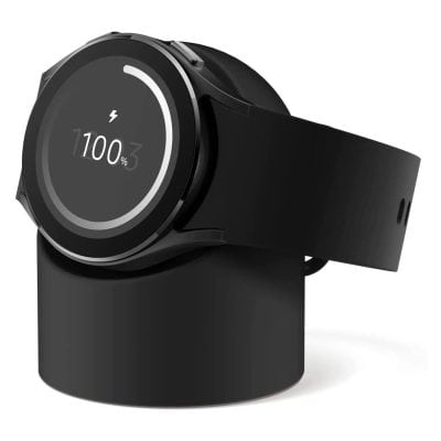 A sleek black smartwatch displaying 100% battery charge, highlighting tech accessories for healthcare and fitness.