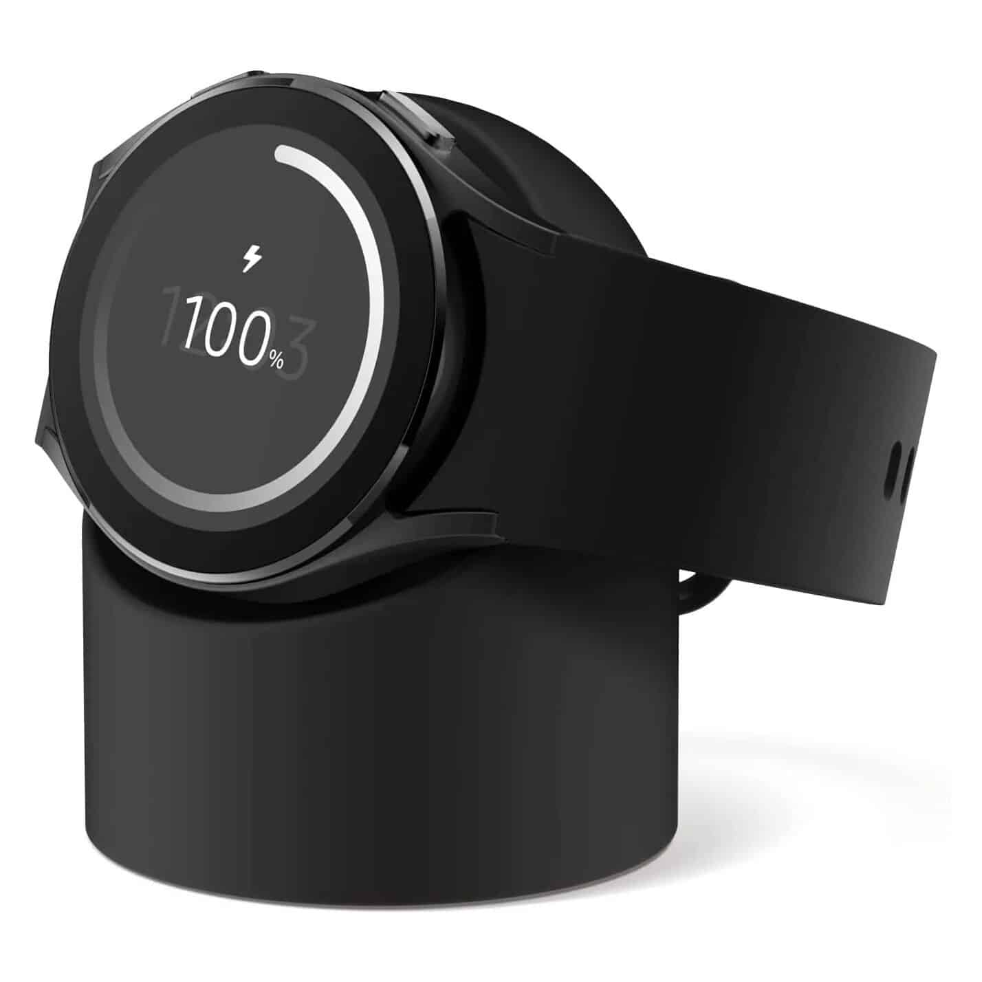 A sleek black smartwatch displaying 100% battery charge, highlighting tech accessories for healthcare and fitness.