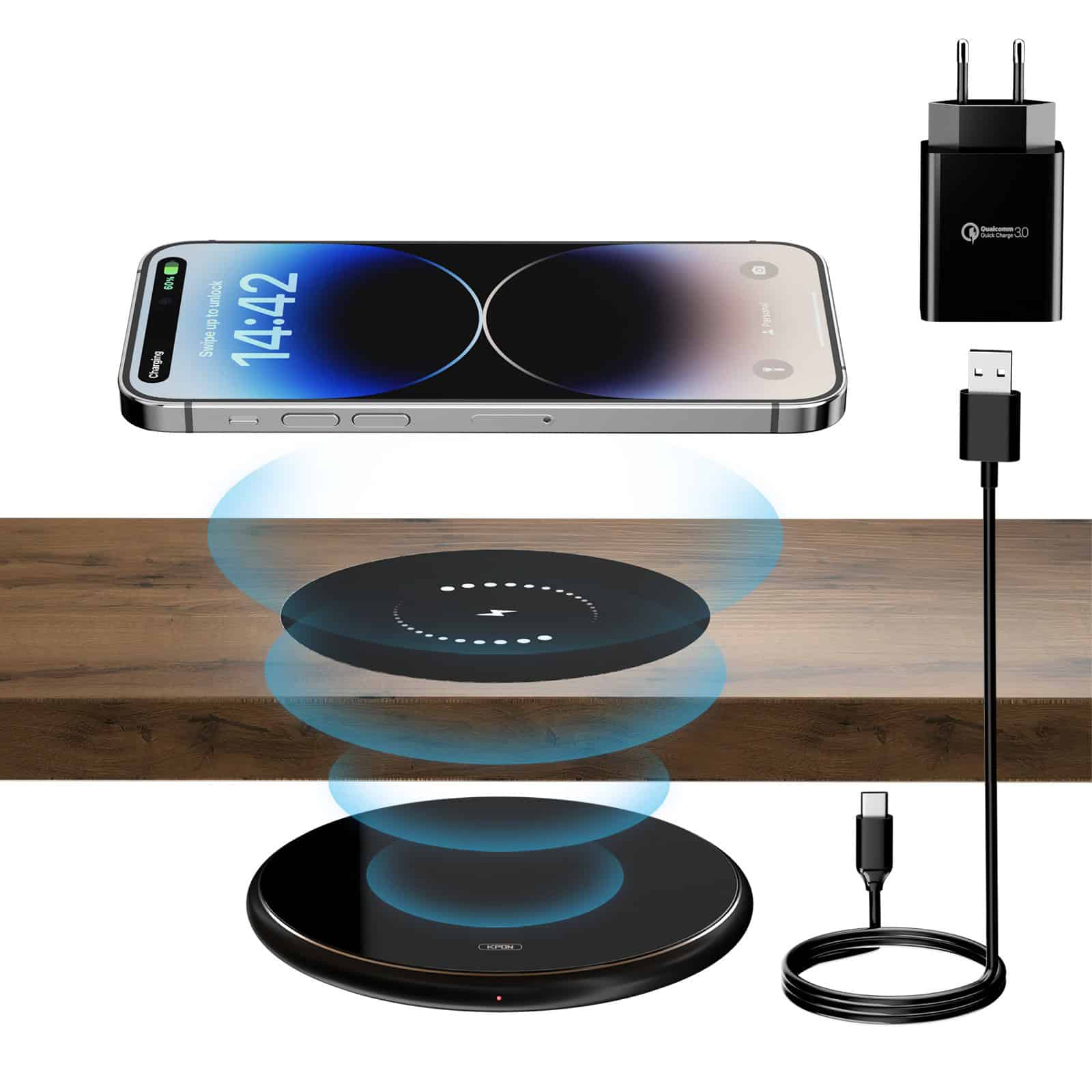 Wireless charging pad compatible with iPhone, Samsung, and other Qi-enabled devices, offering quick and efficient power transfer, ideal for home, office, and travel use.