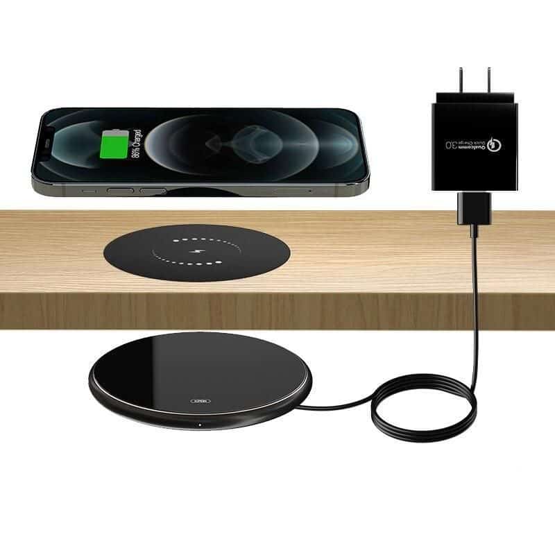 Wireless phone charger with power adapter for easy device charging. Compatible with smartphones, Qi-enabled devices, and accessories for convenient energy transfer.