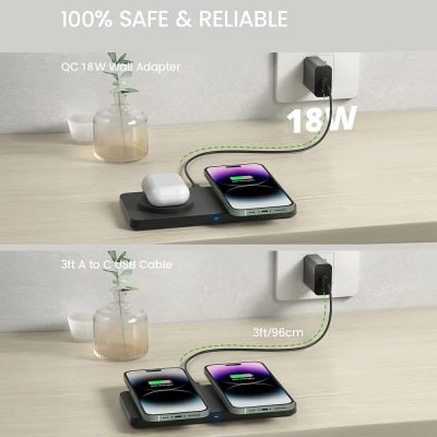 Wireless charging pad for smartphones and AirPods, compatible with various devices for quick charging.