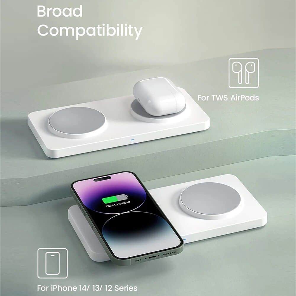 Wireless charging station compatible with TWS AirPods and iPhone 14/13/12 series, offering broad compatibility and convenient charging for Apple devices.