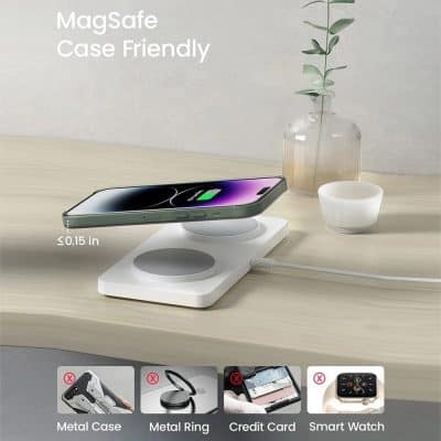 Wireless charging pad compatible with iPhone and other smartphones, offering fast charging with a sleek design, compact size, and case-friendly features, perfect for home or office use.