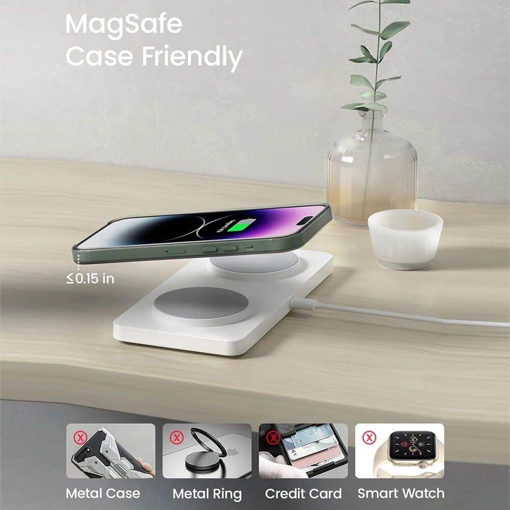 Wireless charging pad compatible with iPhone and other smartphones, offering fast charging with a sleek design, compact size, and case-friendly features, perfect for home or office use.