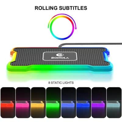 Illuminated LED phone holder with 8 static colors, perfect for desk accessories, phone stands, and tech gadgets. Bright, multi-color illumination enhances workspace decor.
