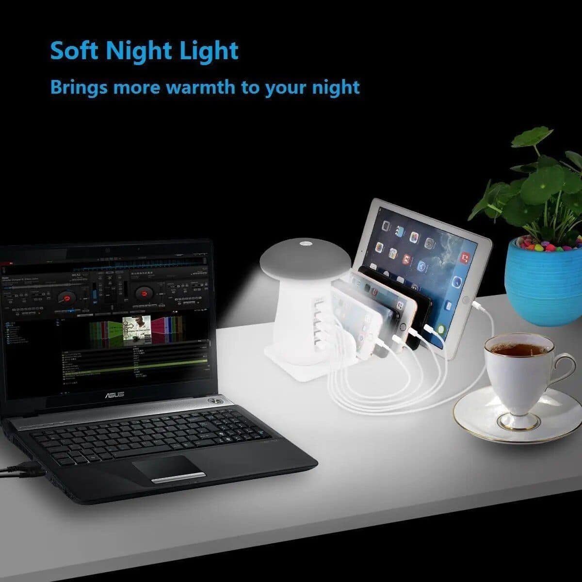 Wireless charging night light compatible with tablets, smartphones, and e-readers, providing soft illumination for a restful night, perfect for eye care and enhancing sleep quality.
