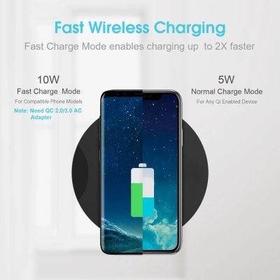 Wireless charging station for mobile devices with fast and normal charging modes, compatible with various smartphones including iPhone and Android models.
