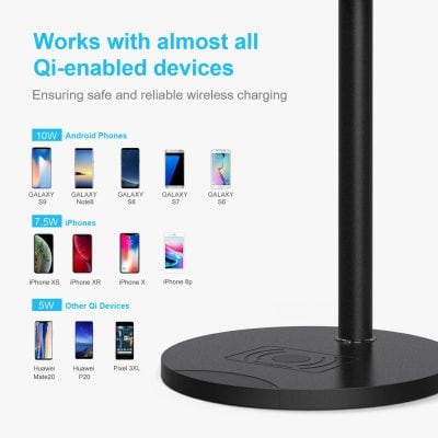 A sleek black wireless charging stand compatible with Qi-enabled phones including Samsung Galaxy, iPhone models, Huawei, and Pixel for fast and reliable charging.