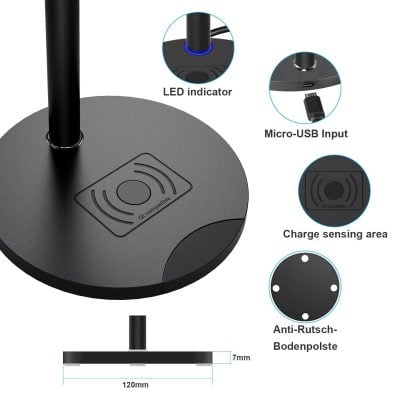 High-quality wireless charging station compatible with optometry equipment, featuring LED indicator, Micro-USB input, charge sensing area, and anti-slip base for stable use.
