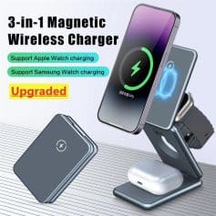 Wireless charging station supports Apple Watch and Samsung Watch charging simultaneously, featuring upgraded magnetic wireless charging for convenience and efficiency.