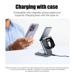 Magnetic phone case charging station for Apple and magnetic accessories.