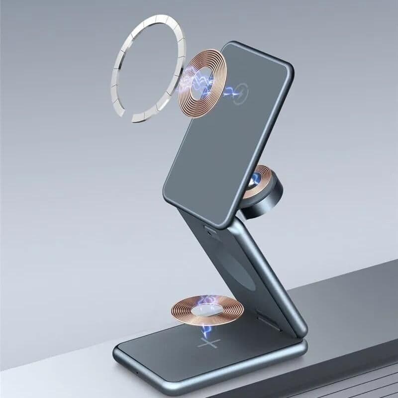 Wireless charging station with magnetic resonance technology for smartphones and optical lenses. Fast, efficient, and compatible with various devices. Perfect for modern optometry and eyewear shops.