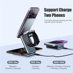Supports wireless and magnetic charging for two devices simultaneously. Includes magnetic wireless charging and dual wireless charging options for convenience.