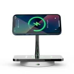 Wireless charging stand for iPhone and smartphones, fast charging dock, compatible with multiple devices for efficient, clutter-free charging experience.