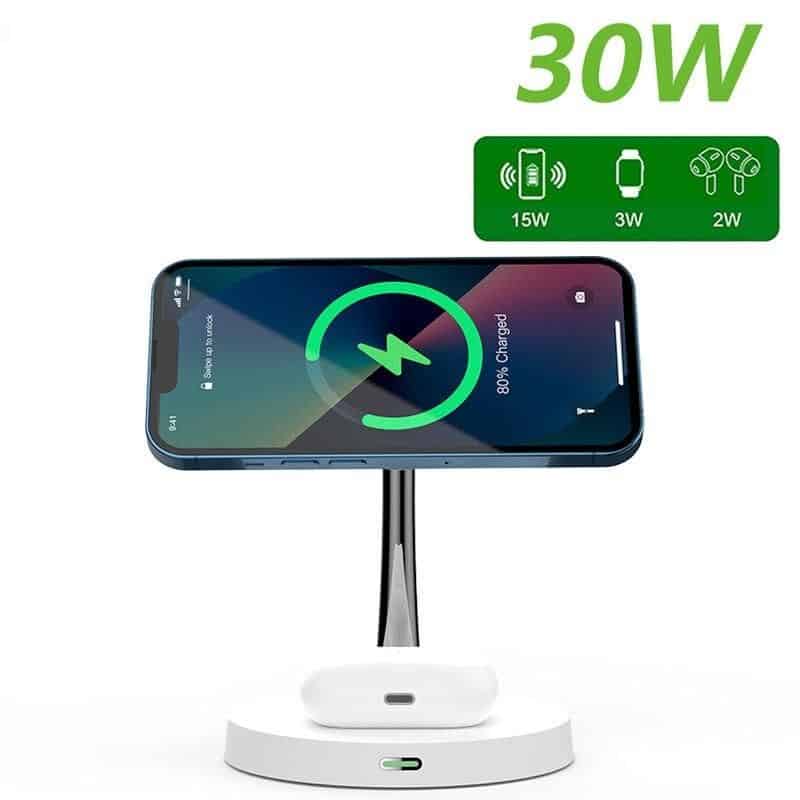 Wireless charging stand compatible with iPhone, Android, and smart devices, delivering 30W fast charging with 15W, 3W, and 2W power modes for efficient energy transfer.