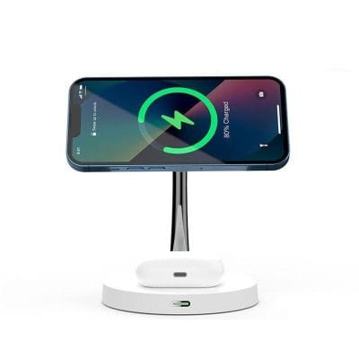 Wireless phone charger stand compatible with iPhone and Android, fast charging station for smartphones, space-saving tech accessory.