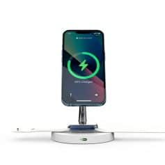 Wireless charging station compatible with all Qi-enabled smartphones, fast charging and sleek design, ideal for home or office use, enhancing your device charging experience.