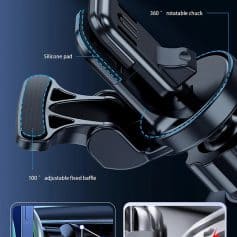 Car phone holder with adjustable tail clamp, silicone pad, and 360° rotatable chuck for secure grip and flexible viewing. Ideal for hands-free navigation and calls while driving.