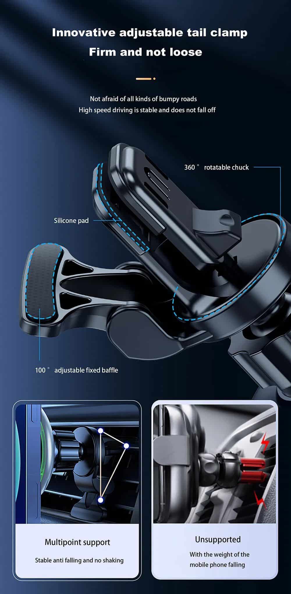 Car phone holder with adjustable tail clamp, silicone pad, and 360° rotatable chuck for secure grip and flexible viewing. Ideal for hands-free navigation and calls while driving.