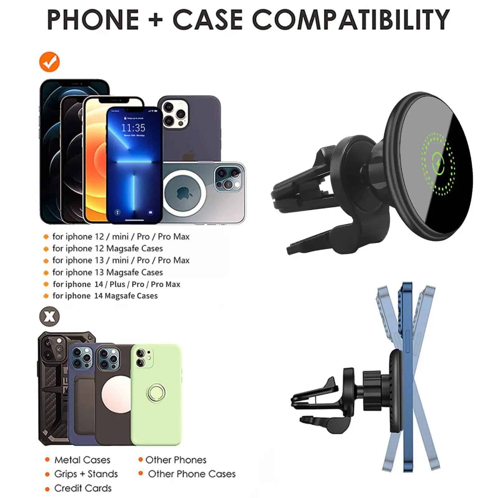 Compatible with iPhone 12, 13, 14 models, with magsafe cases and accessories for enhanced device support.