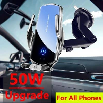 High-speed wireless car charger compatible with all phone models, featuring 50W power upgrade for fast charging, sleek design, and secure grip for convenient in-car charging solutions.
