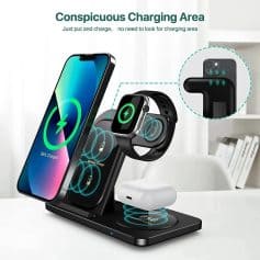 Wireless charging stand for smartphones, smartwatches, and earbuds, featuring LED indicators and fast-charging capabilities for convenience and efficiency.