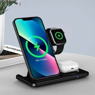 Wireless charging pad for smartphones and smartwatches, fast charging compatible, sleek black design. Ideal for convenient and efficient juice-up at home or office.
