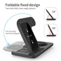 Wireless charging station for optometry and eyewear accessories at Monalisa Store. Compatible with various devices, featuring foldable design and adjustable angles for easy use.