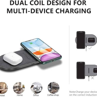 Wireless charging pad compatible with smartphones and earbuds, ideal for home, office, hotel, and coffee shop environments.