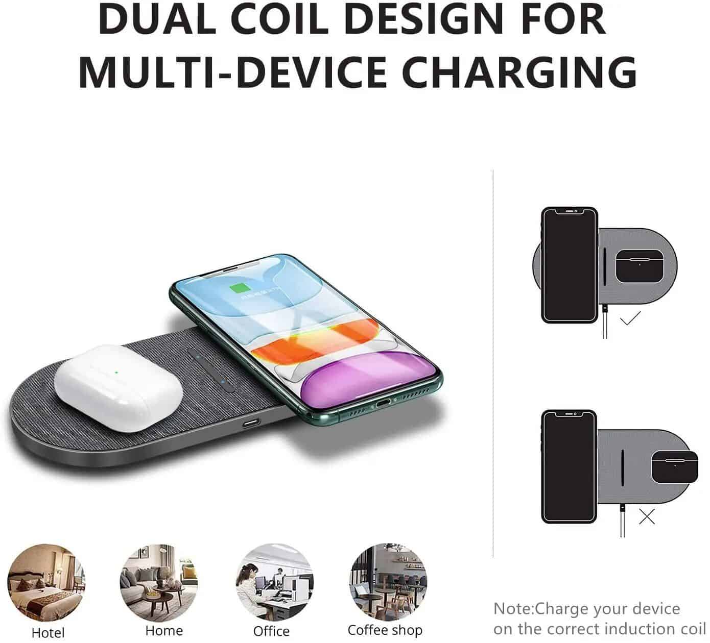 Wireless charging pad compatible with smartphones and earbuds, ideal for home, office, hotel, and coffee shop environments.