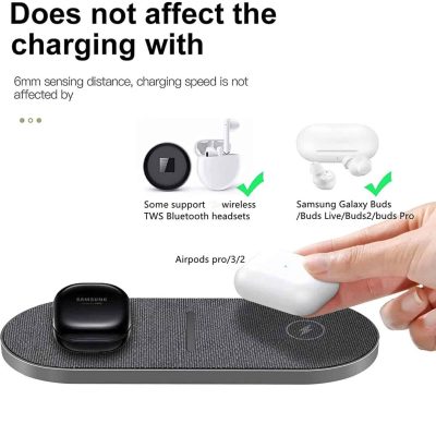 Alt text: Wireless Bluetooth headset and Samsung Galaxy Buds in white charging case placed on a sleek charging pad, demonstrating wireless charging compatibility.