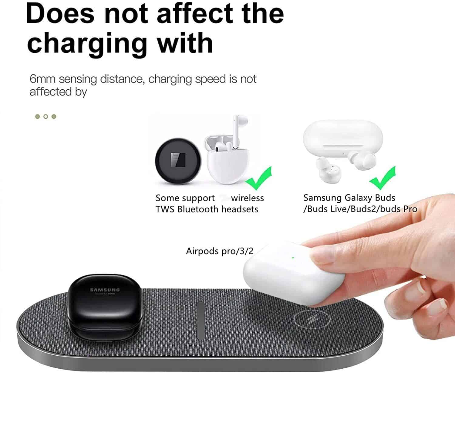 Alt text: Wireless Bluetooth headset and Samsung Galaxy Buds in white charging case placed on a sleek charging pad, demonstrating wireless charging compatibility.