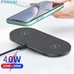 Convenient 40W wireless charger with dual charging coils compatible with iPhone, Samsung, and other smartphones for fast and efficient charging.
