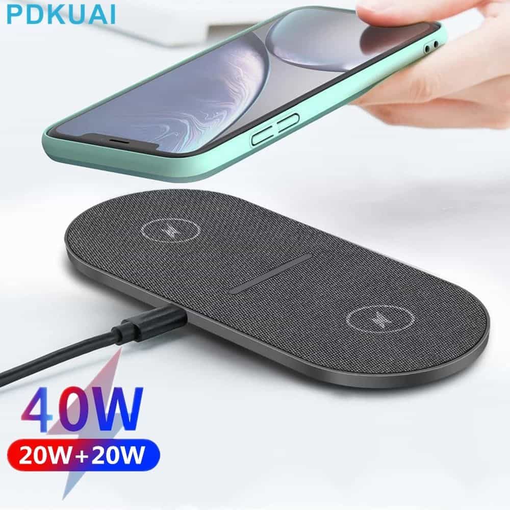 Convenient 40W wireless charger with dual charging coils compatible with iPhone, Samsung, and other smartphones for fast and efficient charging.