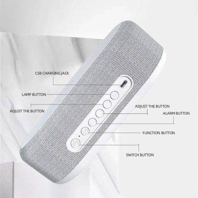 Wireless Bluetooth speaker with adjustable volume, alarm, and charging port, designed for portable audio, music streaming, and hands-free calls.