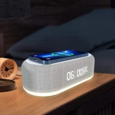 Wireless Bluetooth speaker with alarm clock, LED display, and hands-free calling, perfect for home, office, and lifestyle enhancement. Features modern design, clear sound, and smart functionality.